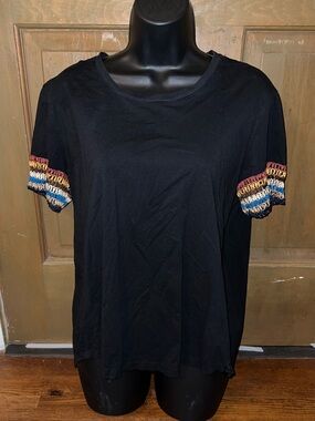 Amaryllis Black Multicolor Boho Short Sleeve Crochet Trim Relax Fit Shirt Size L